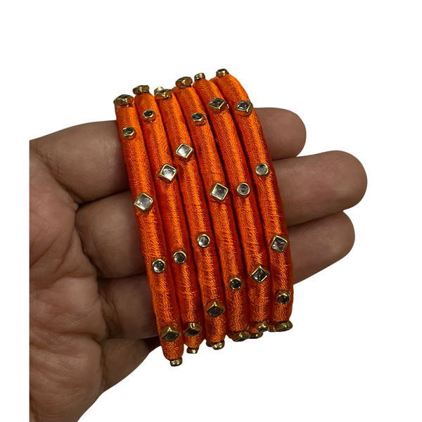 Yaalz Silk Thread 6pcs Simple Kundan Stone Bangle Sets In Assorted Colors-Design Set 3