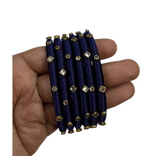 Yaalz Silk Thread 6pcs Simple Kundan Stone Bangle Sets In Assorted Colors-Design Set 3