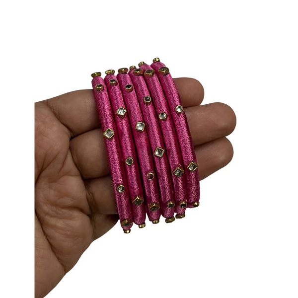 Yaalz Silk Thread 6pcs Simple Kundan Stone Bangle Sets In Assorted Colors-Design Set 3