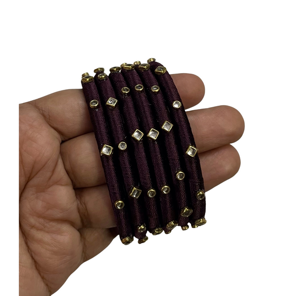 Yaalz Silk Thread 6pcs Simple Kundan Stone Bangle Sets In Assorted Colors-Design Set 3