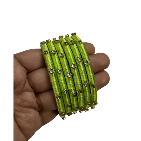 Yaalz Silk Thread 6pcs Simple Kundan Stone Bangle Sets In Assorted Colors-Design Set 3