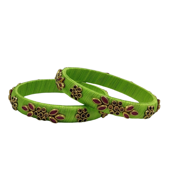 Yaalz Flower & Leaf Work Kundan Stone Work Pair Bangles In Multiple Colors - Design Set 1