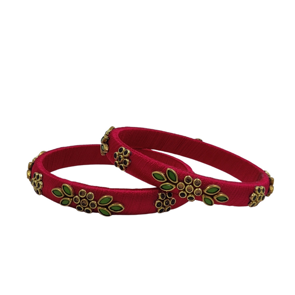 Yaalz Flower & Leaf Work Kundan Stone Work Pair Bangles In Multiple Colors - Design Set 1