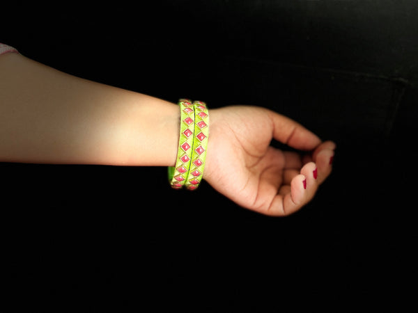 Yaalz Silk Thread Square Kundan Stone Work Pair Bangles In Multiple Colors