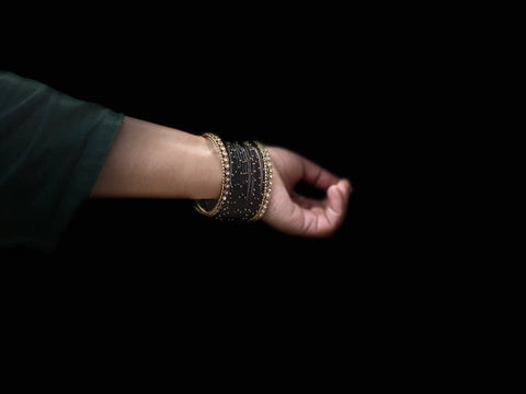 Yaalz Silk Threaded Metal Thin Set Bangles with stone corners In Assorted Colors