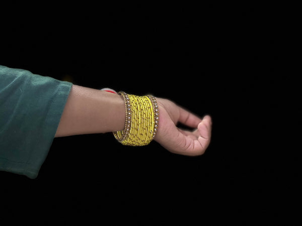 Yaalz Silk Threaded Metal Thin Set Bangles with stone corners In Assorted Colors