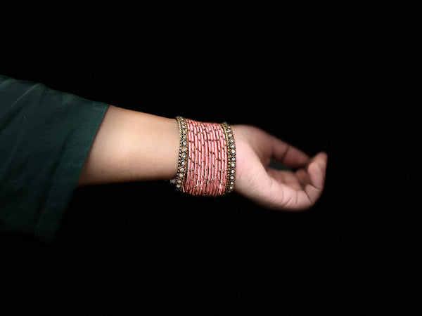 Yaalz Silk Threaded Metal Thin Set Bangles with stone corners In Assorted Colors