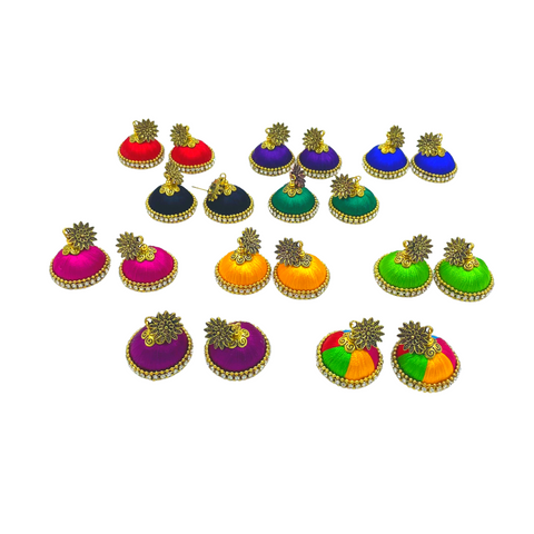 Yaalz Silkthread Jhumka Earrings With Antique Gold Sunflower Stud In Assorted Colors