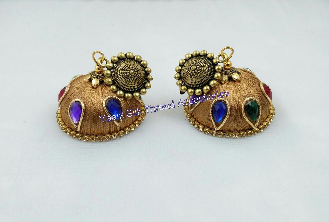 Yaalz Antique Silk Thread Jhumka with Multi color Stones