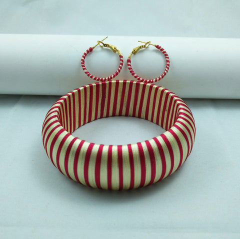 silk thread jewelry Bangle Earring Jumka-Yaalz Trendy Kada Bangle & Ring Earring in Red With Cream Combo-YAALZ