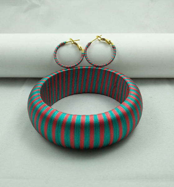 silk thread jewelry Bangle Earring Jumka-Yaalz Trendy Kada Bangle & Ring Earring in Sea Green And Coral Pink Combo-YAALZ