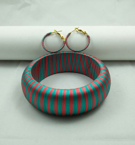 silk thread jewelry Bangle Earring Jumka-Yaalz Trendy Kada Bangle & Ring Earring in Sea Green And Coral Pink Combo-YAALZ