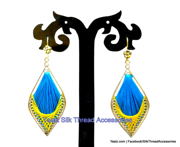 silk thread Bangle Earring Jumka-Yaalz Silk Thread Weaving Type Earring in Blue & Yellow Colors.-YAALZ