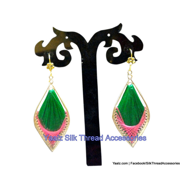 silk thread Bangle Earring Jumka-Yaalz Silk Thread Weaving Type Earring in Forest Green & Pink Colors.-YAALZ