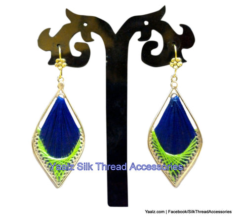 silk thread Bangle Earring Jumka-Yaalz Silk Thread Weaving Type Earring in Dark Blue & Bright Green Colors.-YAALZ