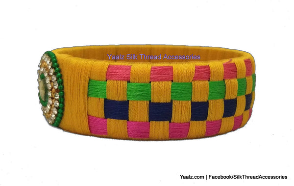 silk thread Bangle Earring Jumka-Yaalz Checker Bangles in Yellow, Pink, Green & Dark Blue Color(s)-YAALZ