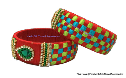 silk thread Bangle Earring Jumka-Yaalz Checker Bangles in Red, Bright Green and Blue Color(s)-YAALZ