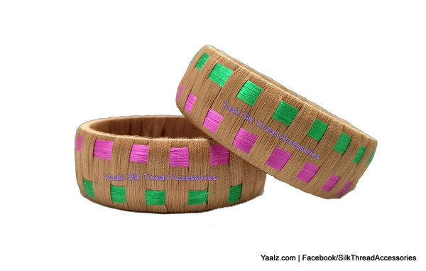 silk thread Bangle Earring Jumka-Yaalz Checker Bangles in Bronze, Green & Pink Color(s)-YAALZ