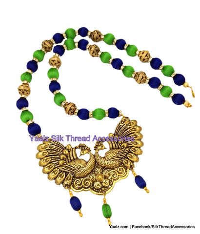silk thread Bangle Earring Jumka-Yaalz Silk Thread Traditional Antique Peacock Pendant Neckset in Parrot Green And Ink Blue Color(s)-YAALZ