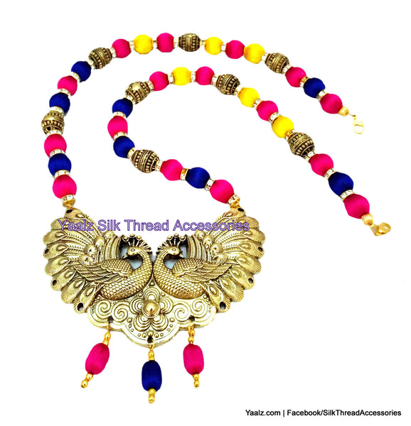 silk thread jewelry Bangle Earring Jumka-Yaalz Traditional Antique Peacock Pendant Neckset in Yellow, Pink & Blue Color(s)-YAALZ