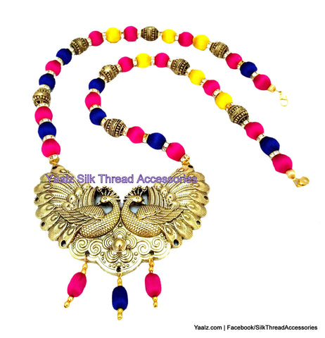 silk thread jewelry Bangle Earring Jumka-Yaalz Traditional Antique Peacock Pendant Neckset in Yellow, Pink & Blue Color(s)-YAALZ