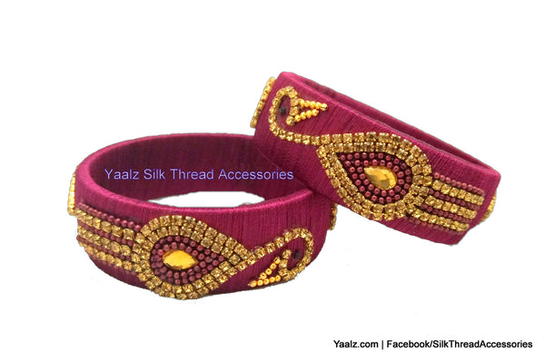 silk thread Bangle Earring Jumka-Yaalz Peacock Design Partywear Bangles in Pinkish Maroon Color-YAALZ