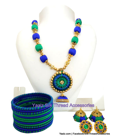silk thread jewelry Bangle Earring Jumka-Yaalz Partywear Neckset, Bangle & Earring combo in Royal Blue & Turquoise Green Colors-YAALZ
