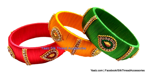 silk thread Bangle Earring Jumka-Yaalz Partywear Bangles in Red, Mango Yellow & Green Colors.-YAALZ