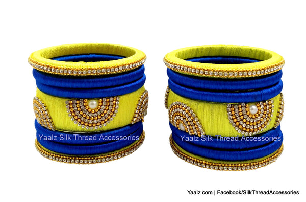 silk thread Bangle Earring Jumka-Yaalz Partywear Bangles in Royal Blue & Lemon Yellow Colors.-YAALZ