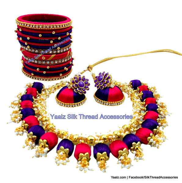 silk thread jewelry Bangle Earring Jumka-Yaalz Traditional Neckset & Matching Jumka in Pink & Dark Blue Colors.-YAALZ