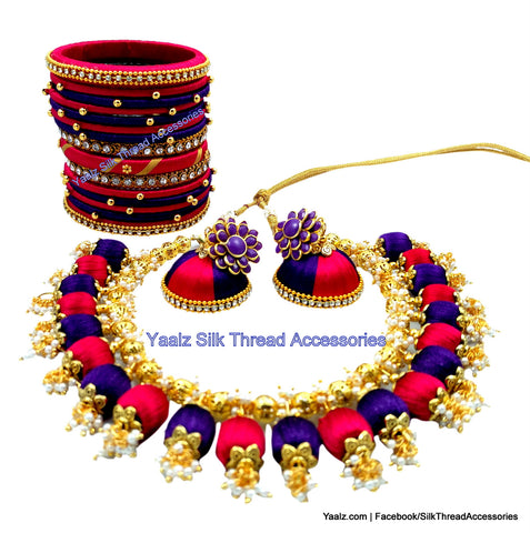 silk thread jewelry Bangle Earring Jumka-Yaalz Traditional Neckset & Matching Jumka in Pink & Dark Blue Colors.-YAALZ