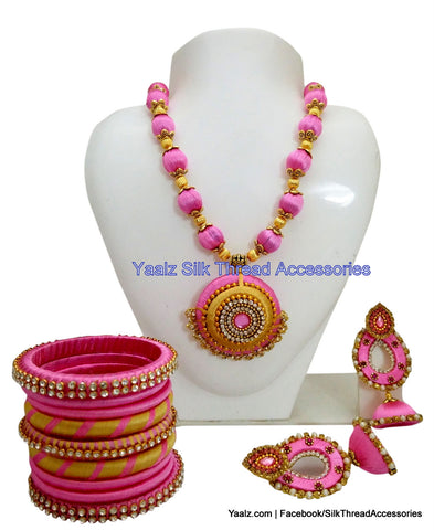 silk thread jewelry Bangle Earring Jumka-Yaalz Traditional Neckset With Matching Bangle & Jhumka combo set in Light Pink and Gold colors.-YAALZ