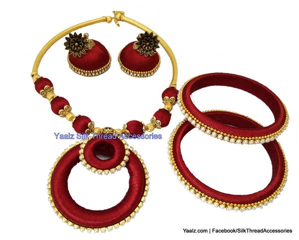 silk thread jewelry Bangle Earring Jumka-Yaalz Traditional Neckset With Matching Bangle & Jhumka combo set in Dark Maroon color.-YAALZ