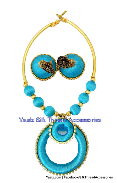 silk thread jewelry Bangle Earring Jumka-Yaalz Traditional Neckset & Matching Jumka in Bright Blue Colors.-YAALZ