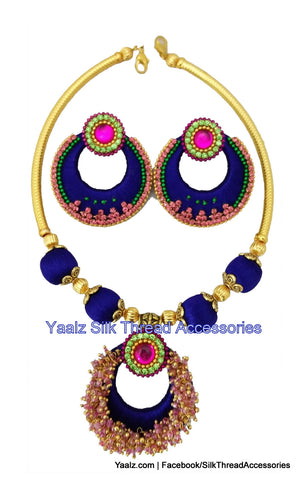 silk thread jewelry Bangle Earring Jumka-Yaalz Traditional Neckset & Matching Jumka in Royal Blue Colors.-YAALZ