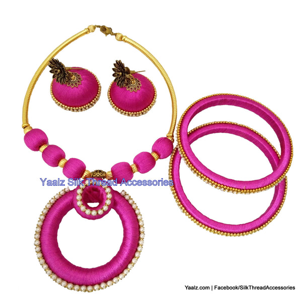 silk thread jewelry Bangle Earring Jumka-Yaalz Traditional Neckset With Matching Bangle & Jhumka combo set in Pink color.-YAALZ