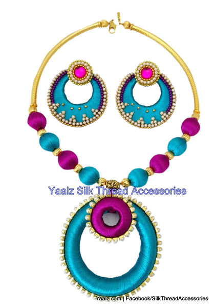 silk thread jewelry Bangle Earring Jumka-Yaalz Traditional Neckset & Matching Jumka in Bright Blue & Pink Colors.-YAALZ