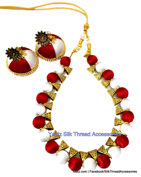 silk thread jewelry Bangle Earring Jumka-Yaalz Traditional Neckset & Matching Jumka in Red & White Colors.-YAALZ