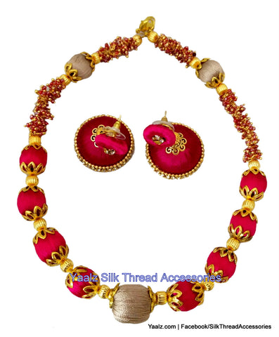 silk thread jewelry Bangle Earring Jumka-Yaalz Traditional Neckset & Matching Jumka in Red & Beige Colors.-YAALZ