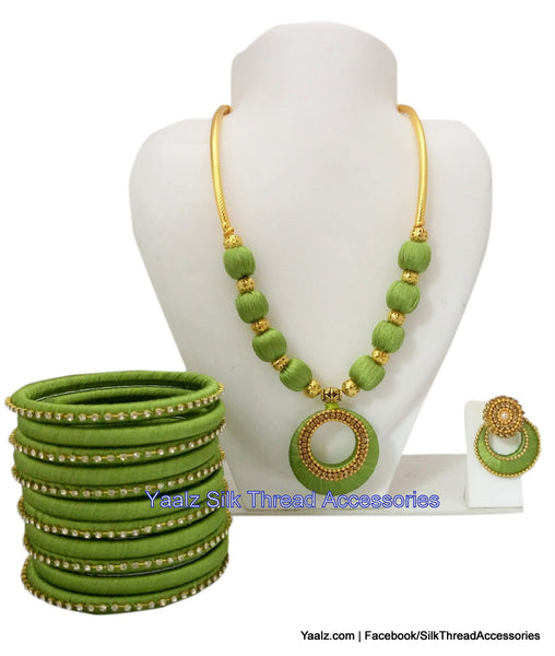 silk thread jewelry Bangle Earring Jumka-Yaalz Traditional Neckset With Matching Bangle & Chand Bali combo set in Parrot Green color.-YAALZ