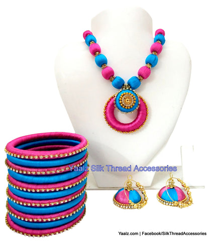 silk thread jewelry Bangle Earring Jumka-Yaalz Traditional Neckset With Matching Bangle & Bali Jhumka combo set in Copper Sulphate Blue and Pink Colors-YAALZ