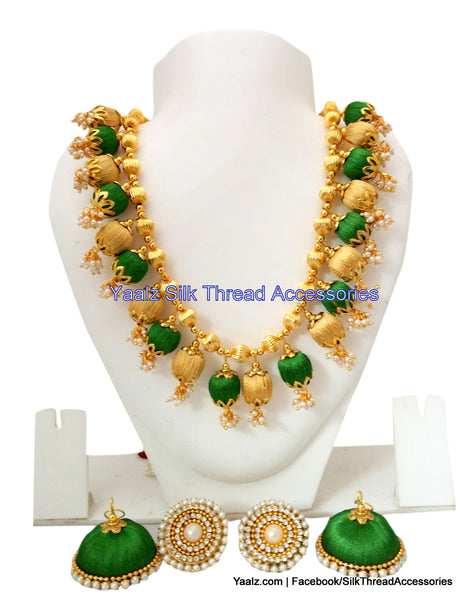 silk thread jewelry Bangle Earring Jumka-Yaalz Traditional Neckset & Matching Jumka in Olive Green and Gold Colors-YAALZ