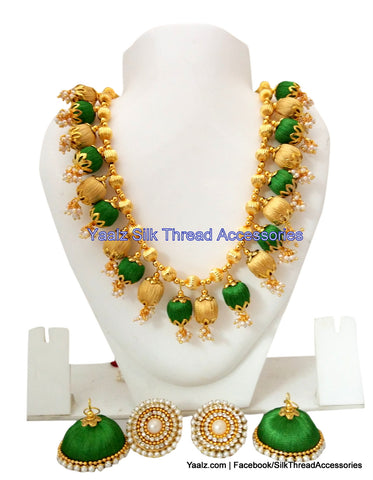 silk thread jewelry Bangle Earring Jumka-Yaalz Traditional Neckset & Matching Jumka in Olive Green and Gold Colors-YAALZ