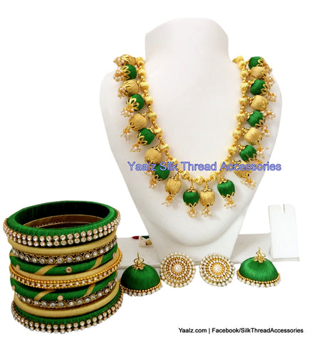 silk thread jewelry Bangle Earring Jumka-Yaalz Traditional Neckset With Matching Bangle set & Jhumka combo set in Olive Green and Gold Colors-YAALZ