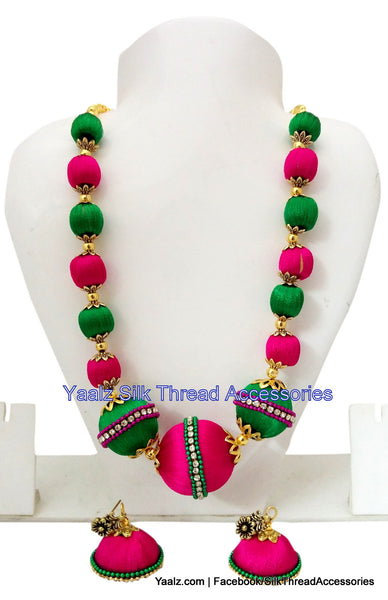 silk thread jewelry Bangle Earring Jumka-Yaalz Traditional Neckset & Matching Jumka in Pink & Green Colors.-YAALZ