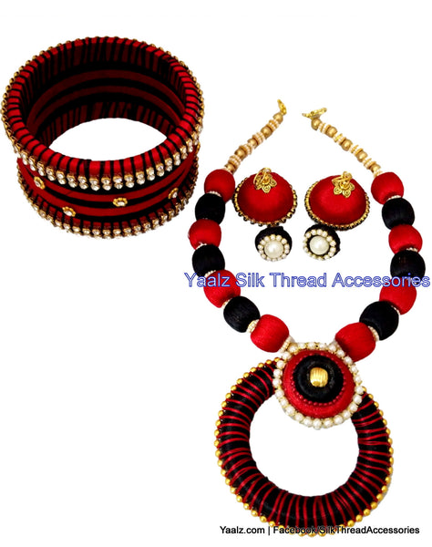 silk thread jewelry Bangle Earring Jumka-Yaalz Traditional Neckset With Matching Bangle set & Jhumka combo set in Black & Maroon Colors-YAALZ