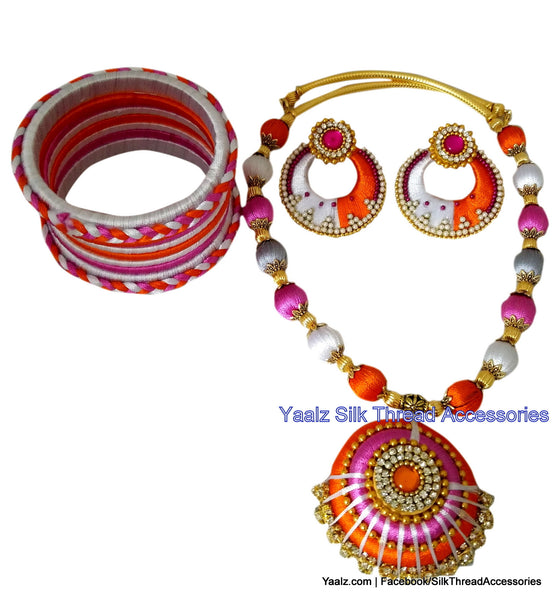silk thread jewelry Bangle Earring Jumka-Yaalz Traditional Neckset With Matching Bangle set & Earrings combo set in Pink, Orange & White-YAALZ