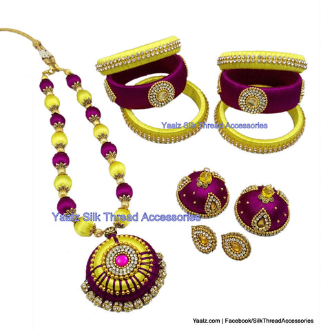 silk thread jewelry Bangle Earring Jumka-Yaalz Traditional Neckset With Matching Bangle set & Jhumka combo set in Yellow & Purplish Pink-YAALZ