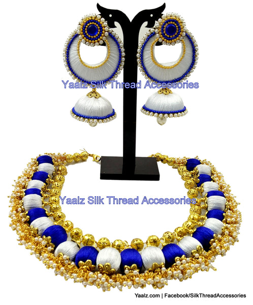silk thread jewelry Bangle Earring Jumka-Yaalz Traditional Neckset & Matching Jumka in White & Royal Blue Colors.-YAALZ