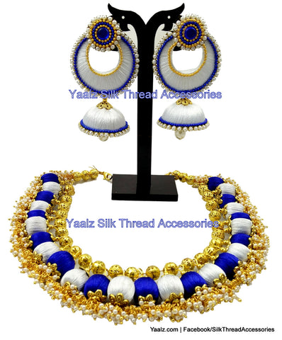 silk thread jewelry Bangle Earring Jumka-Yaalz Traditional Neckset & Matching Jumka in White & Royal Blue Colors.-YAALZ